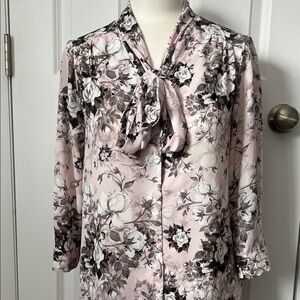 Floral Tie-Neck Blouse - Pink, Gray & White